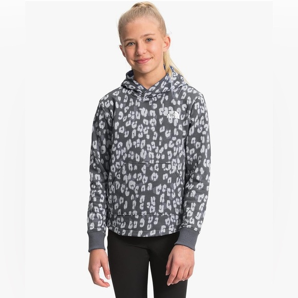 THE NORTH FACE Girls' Camp‎ Fleece Pullover Hoodie Sweatshirt Grey Leopard Print - Picture 1 of 9